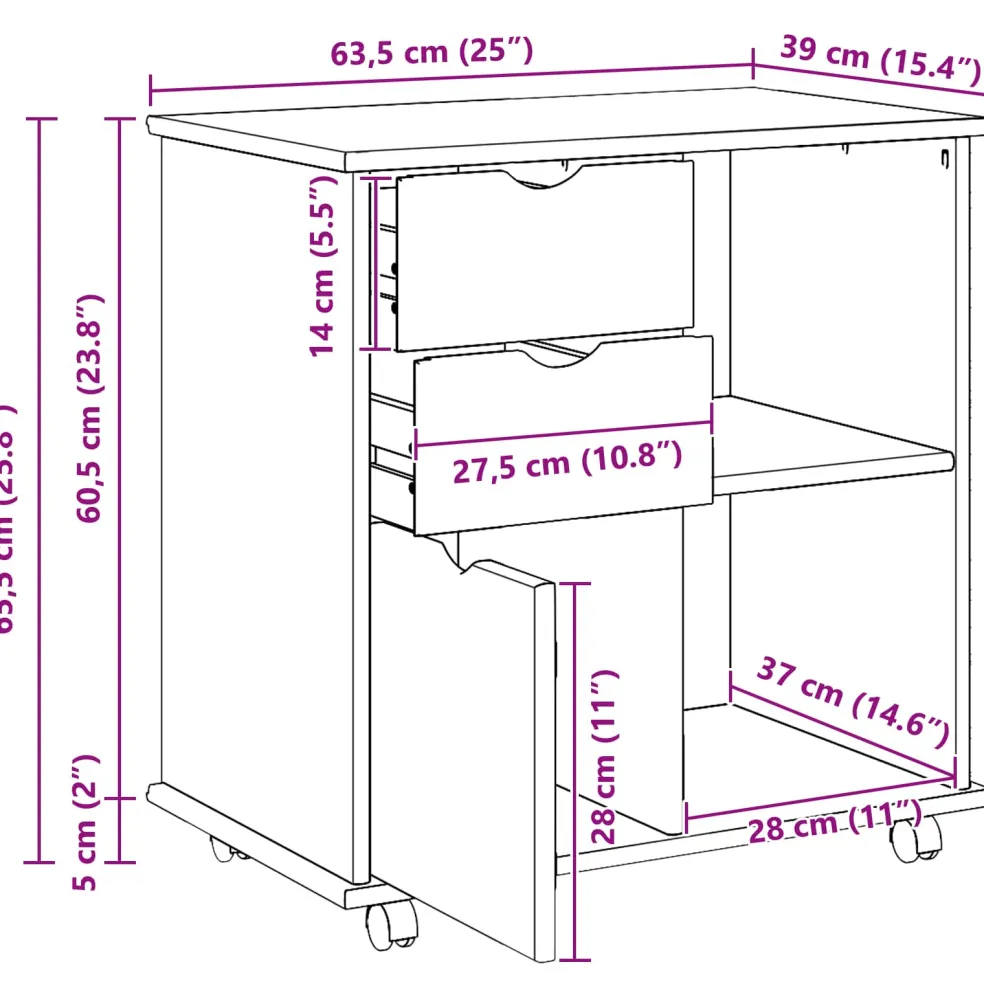 vidaXL Rolling Kast 63,5 x 39 x 65,5 cm Massief Vurenhout Zwart