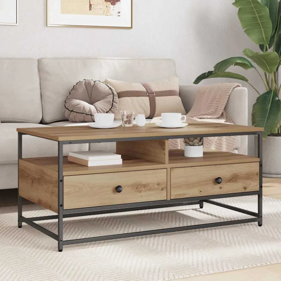 vidaXL Salontafel Artisanaal eiken 100 x 51 x 45 cm Bewerkt hout
