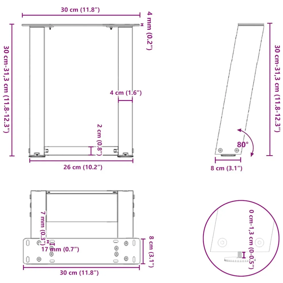 vidaXL Salontafelpoten 2 st U-vormig 30x(30-31) cm staal zwart