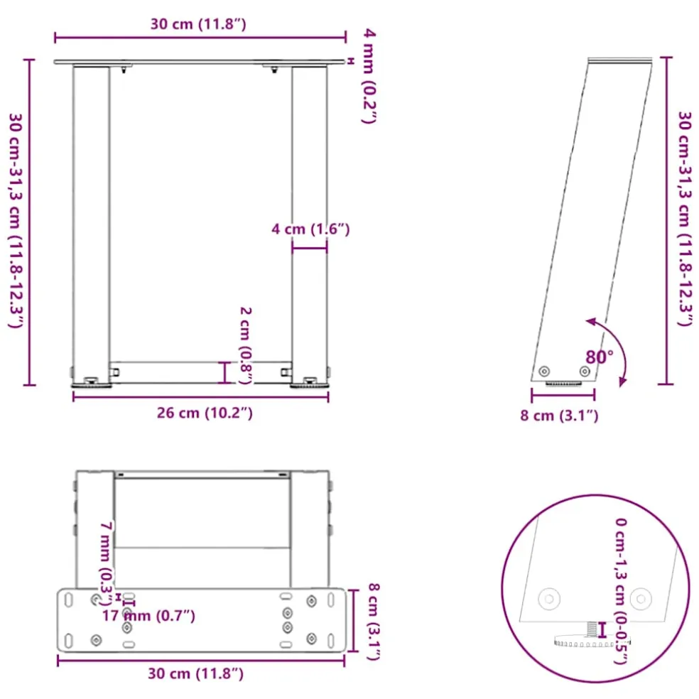 vidaXL Salontafelpoten 2 st U-vormig 30x(30-31) cm staal antraciet