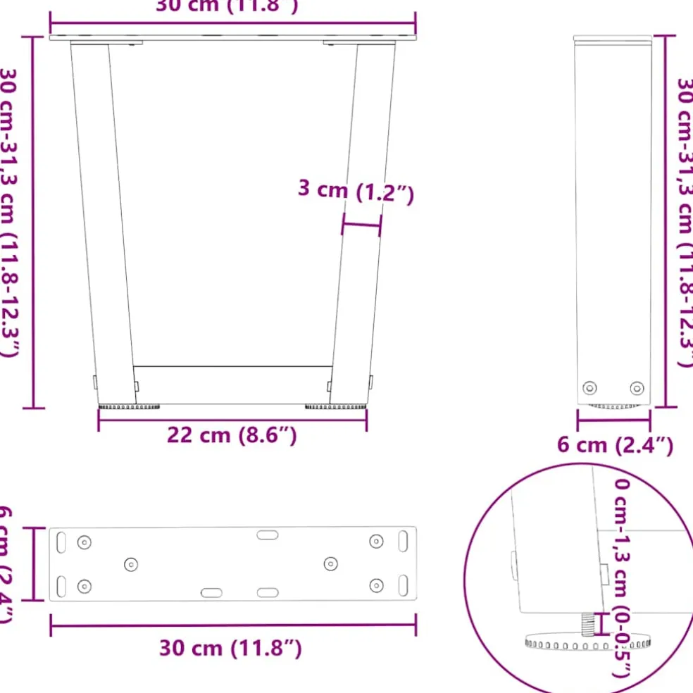 vidaXL Salontafelpoten 2 st V-vormig 30x(30-31,3) cm staal zwart
