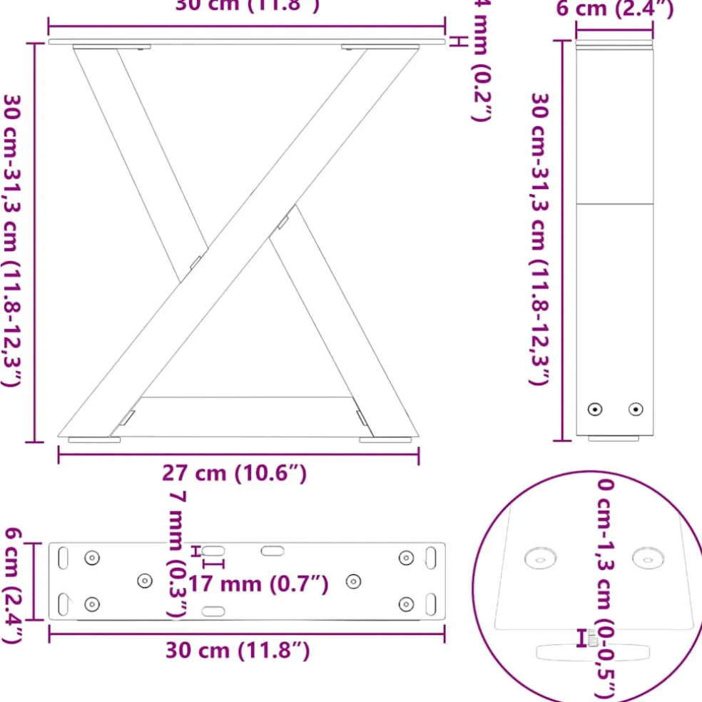 vidaXL Salontafelpoten 2 st 30x(30-31,3) cm staal zwart