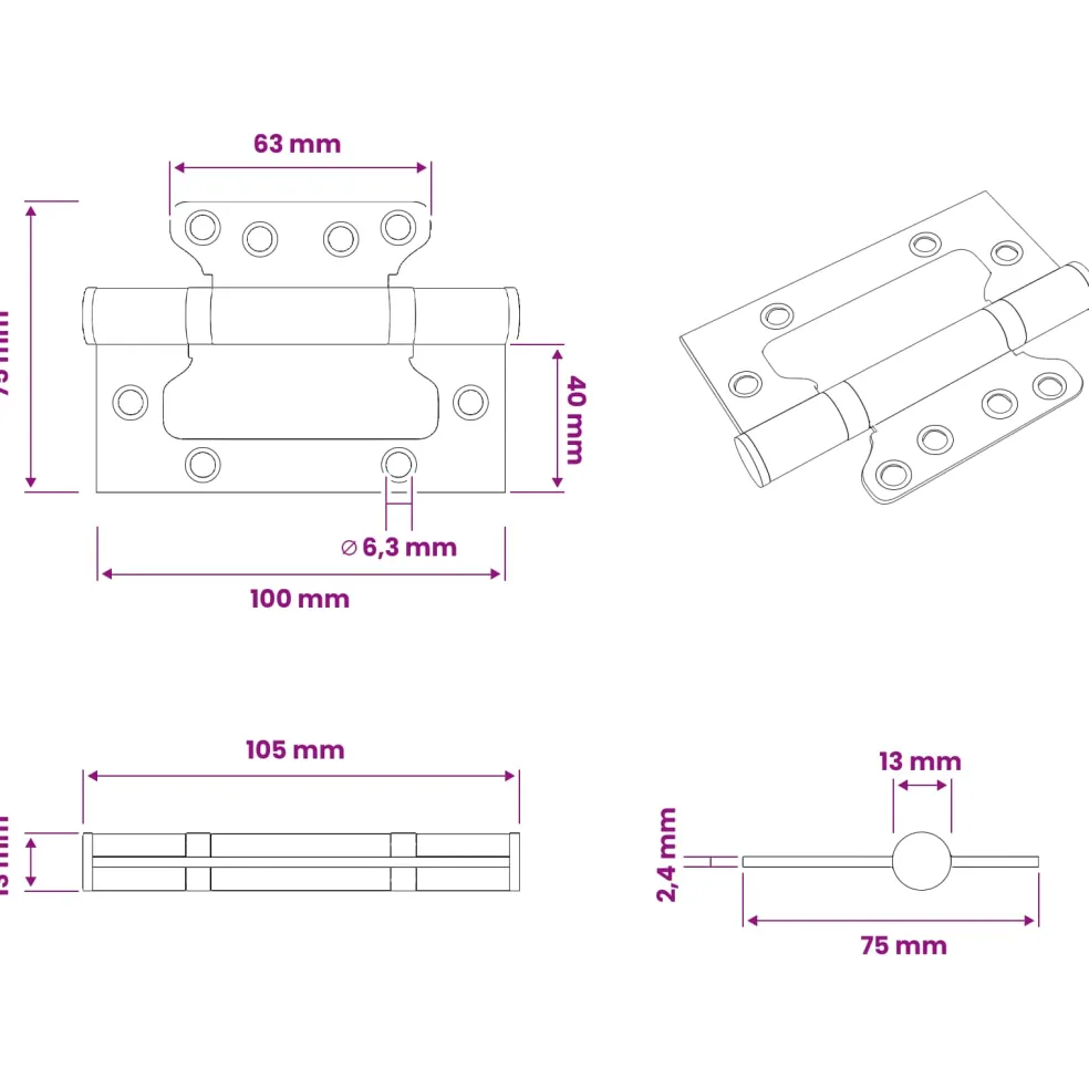 vidaXL Scharnier 4 st 100 x 75 x 13 mm zilver Staal