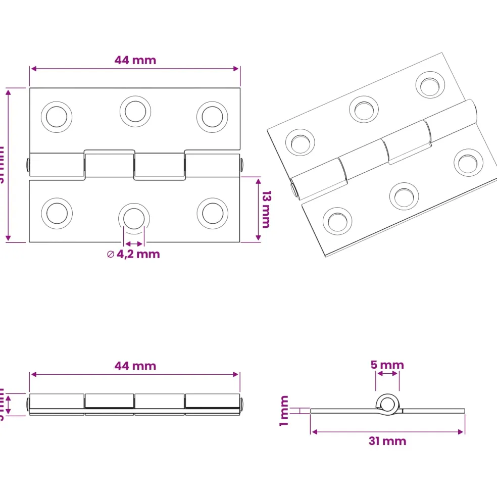 vidaXL Scharnier 12 st 44 x 31 x 5 mm zilver Staal