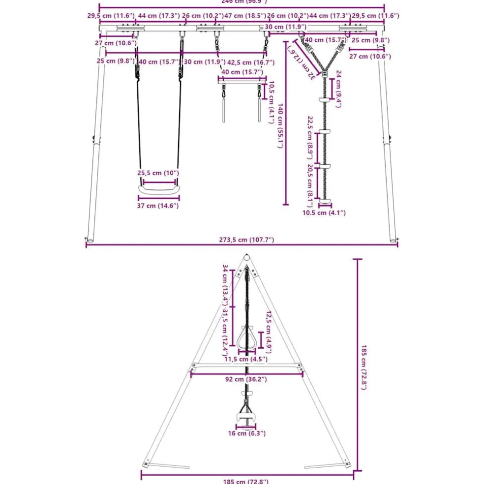 vidaXL Schommelset met schommel, trapeze en klimtouw met schijven