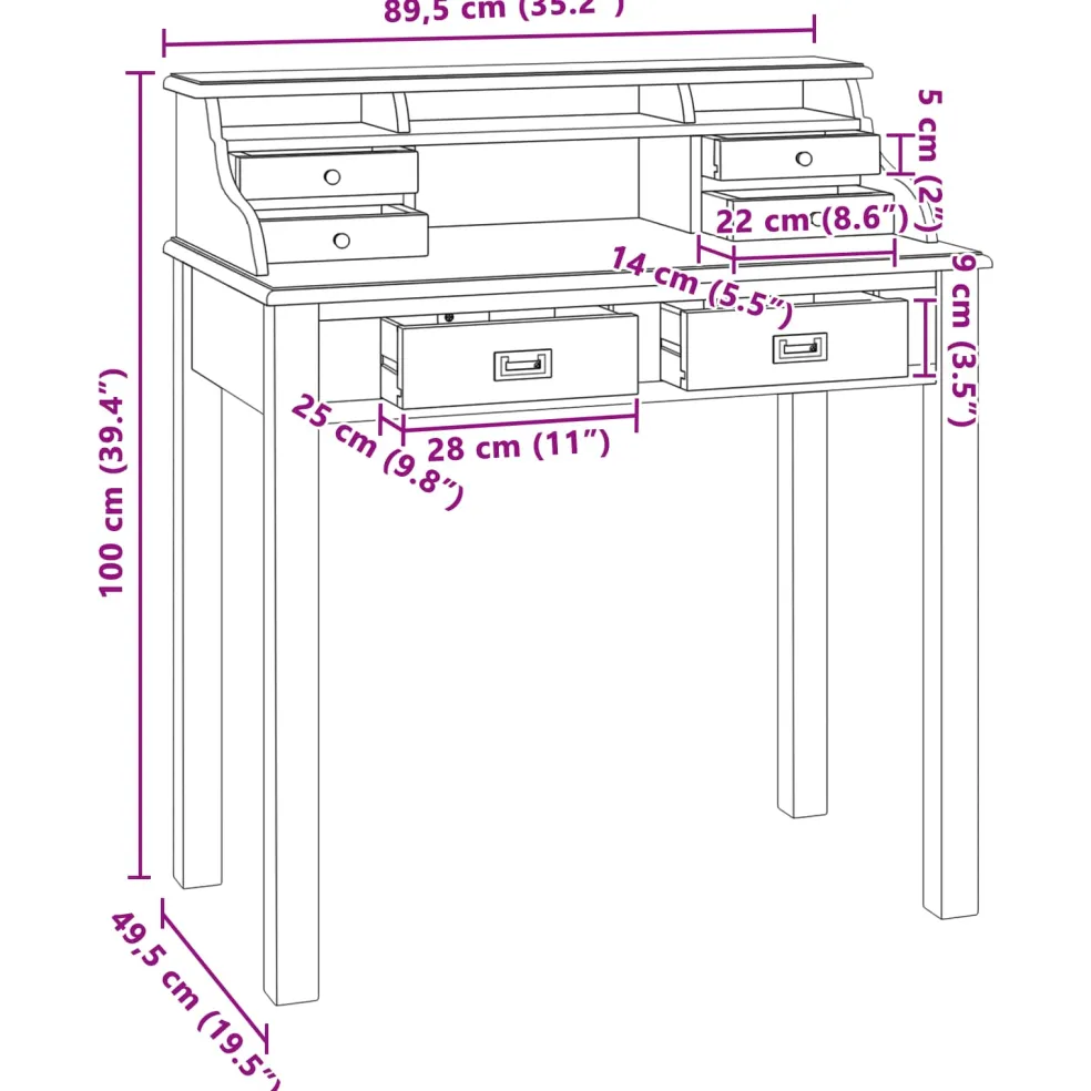 vidaXL Schrijfbureau Naturel 89,5 x 49,5 x 100 cm Massief Teakhout