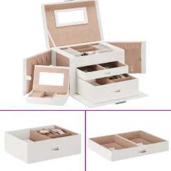 vidaXL Sieradendoosje 3laags met spiegel afsluitbaar 26x18x17,5 cm wit