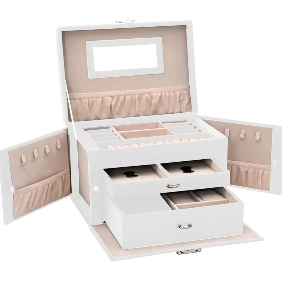 vidaXL Sieradendoosje 3laags met spiegel afsluitbaar 26x18x17,5 cm wit