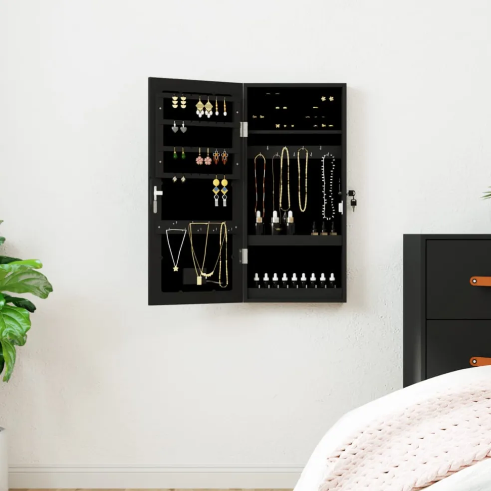 vidaXL Sieradenkast met spiegel en LED wandgemonteerd zwart