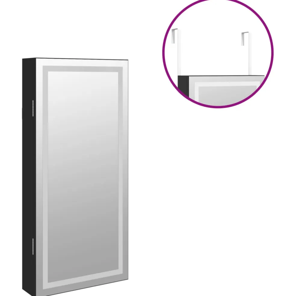 vidaXL Sieradenkast met spiegel en LED wandgemonteerd zwart
