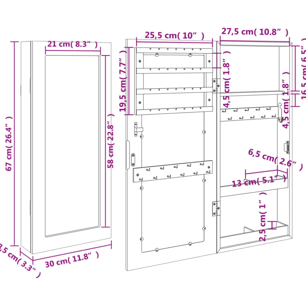 vidaXL Sieradenkast met spiegel wandgemonteerd 30x8,5x67 cm