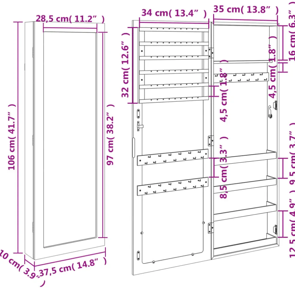 vidaXL Sieradenkast met spiegel wandgemonteerd 37,5x10x106 cm wit