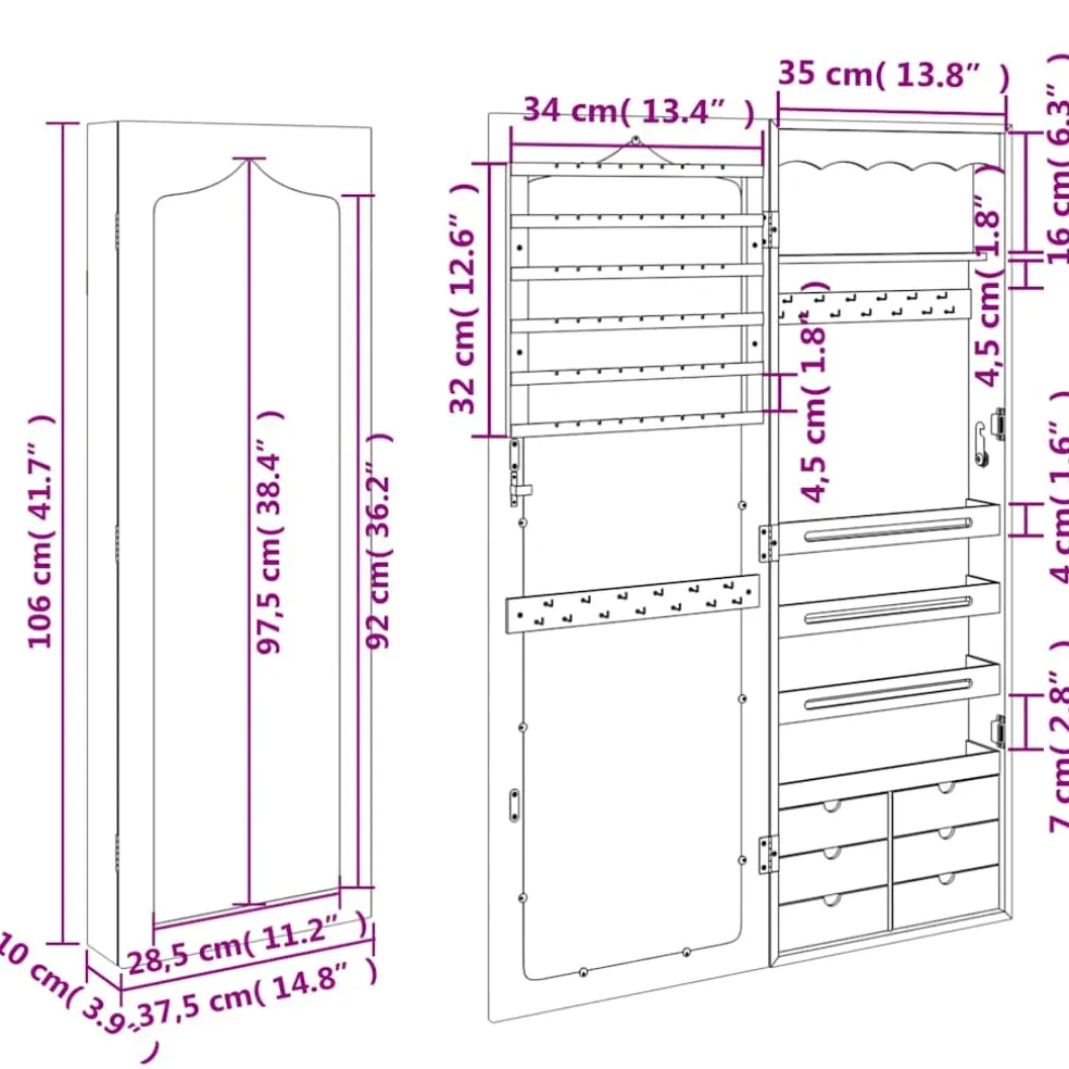 vidaXL Sieradenkast met spiegel wandgemonteerd 37,5x10x106 cm wit