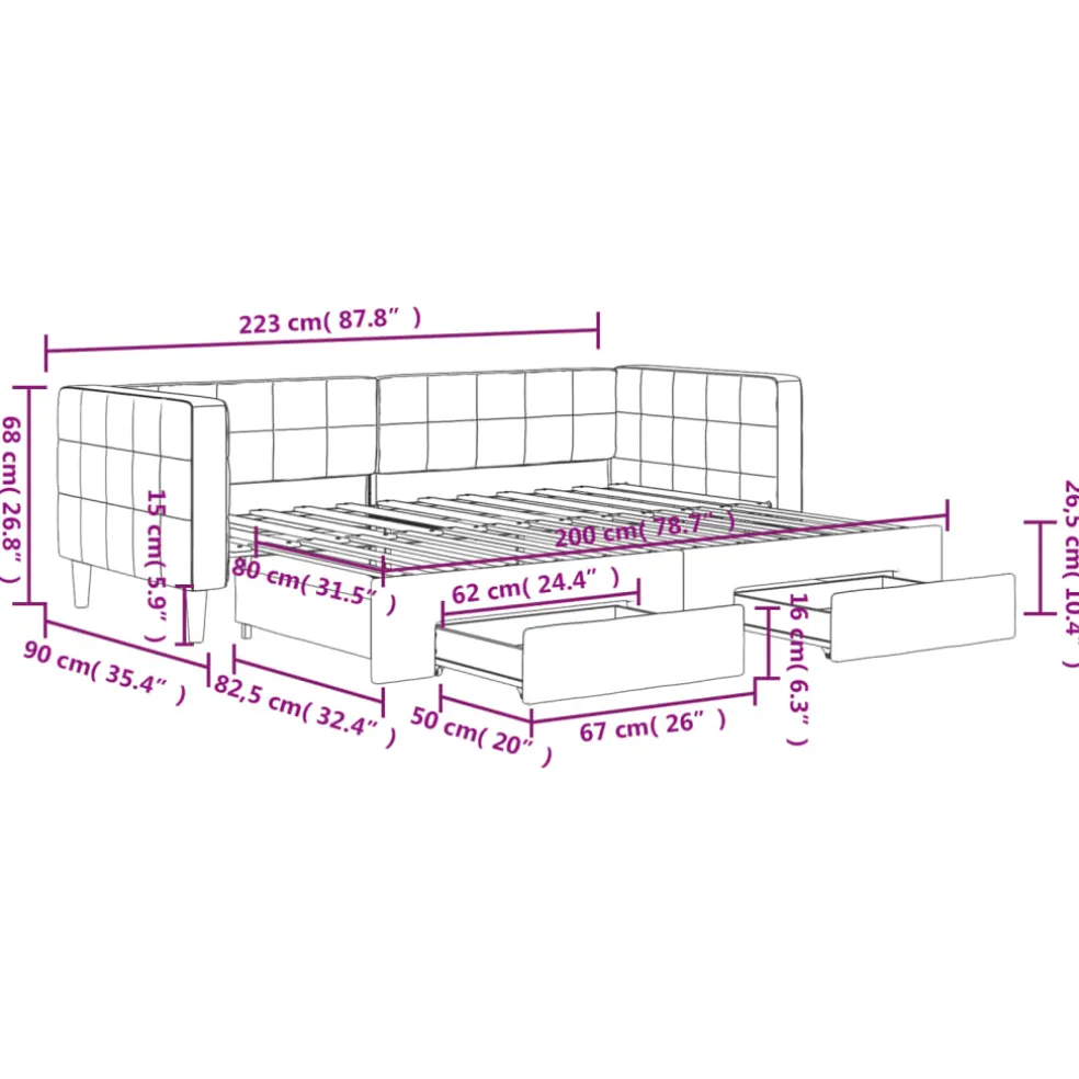 vidaXL Slaapbank met onderschuifbed en lades 80x200 cm fluweel roze