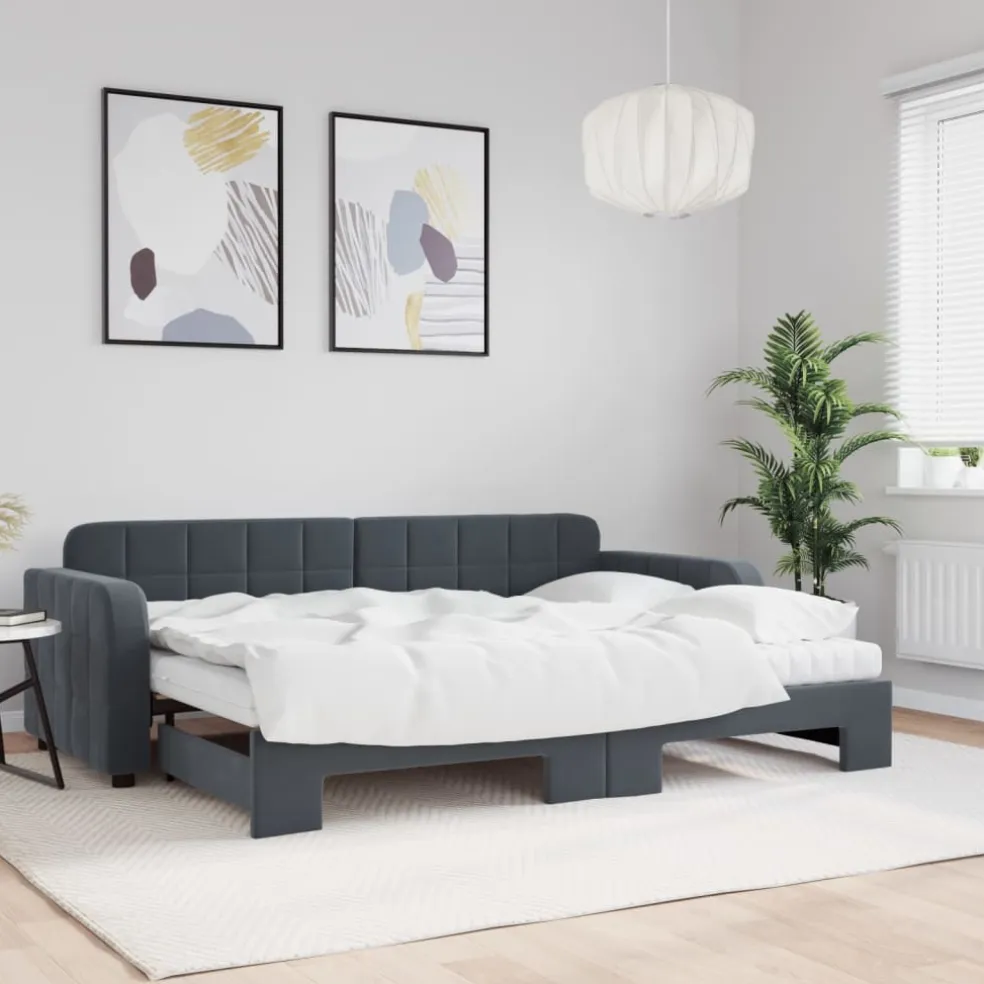 vidaXL Slaapbank onderschuifbed matrassen 80x200cm fluweel donkergrijs