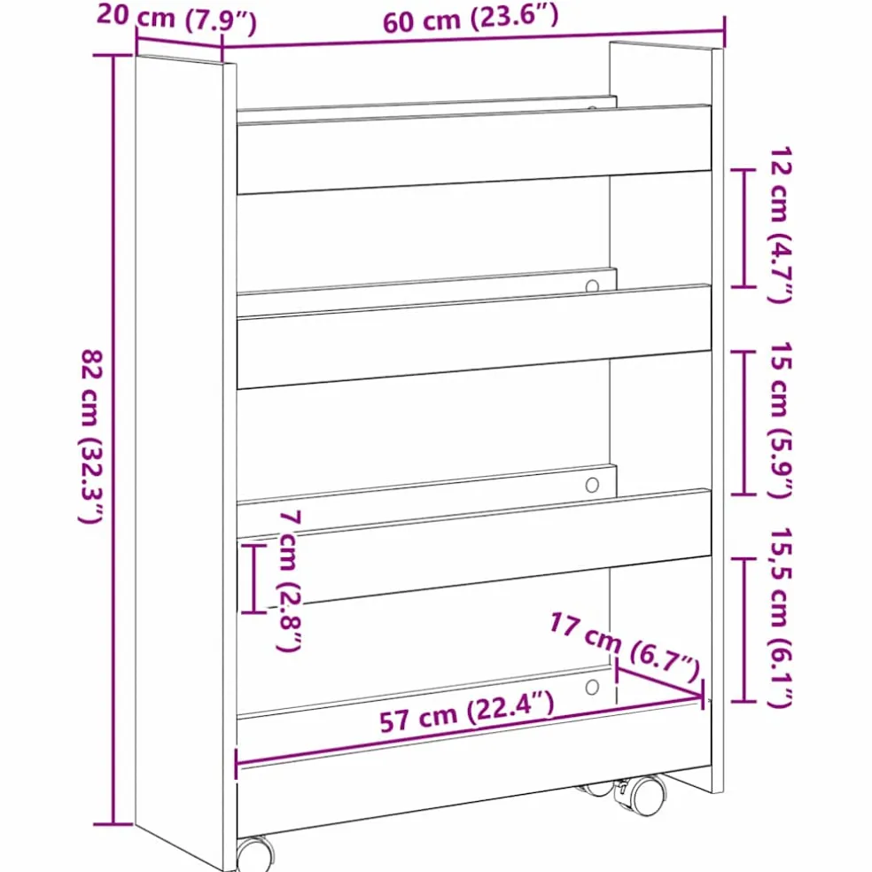 vidaXL Smalle Opbergtrolley Zwart Eiken 60 x 20 x 82 cm Bewerkt hout