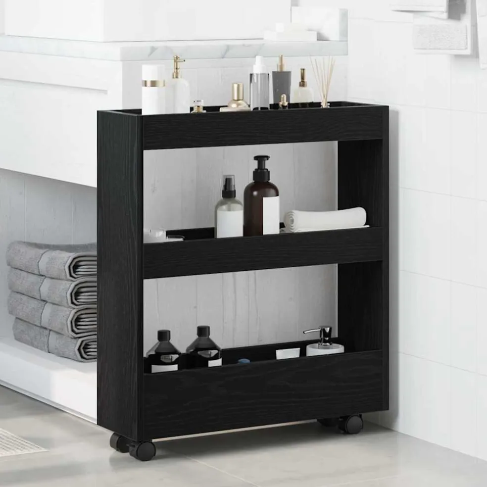 vidaXL Smalle Opbergtrolley Zwart Eiken 60 x 18 x 70 cm Bewerkt hout