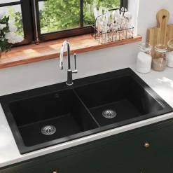 vidaXL Spoelbak opbouw graniet dubbele bak zwart