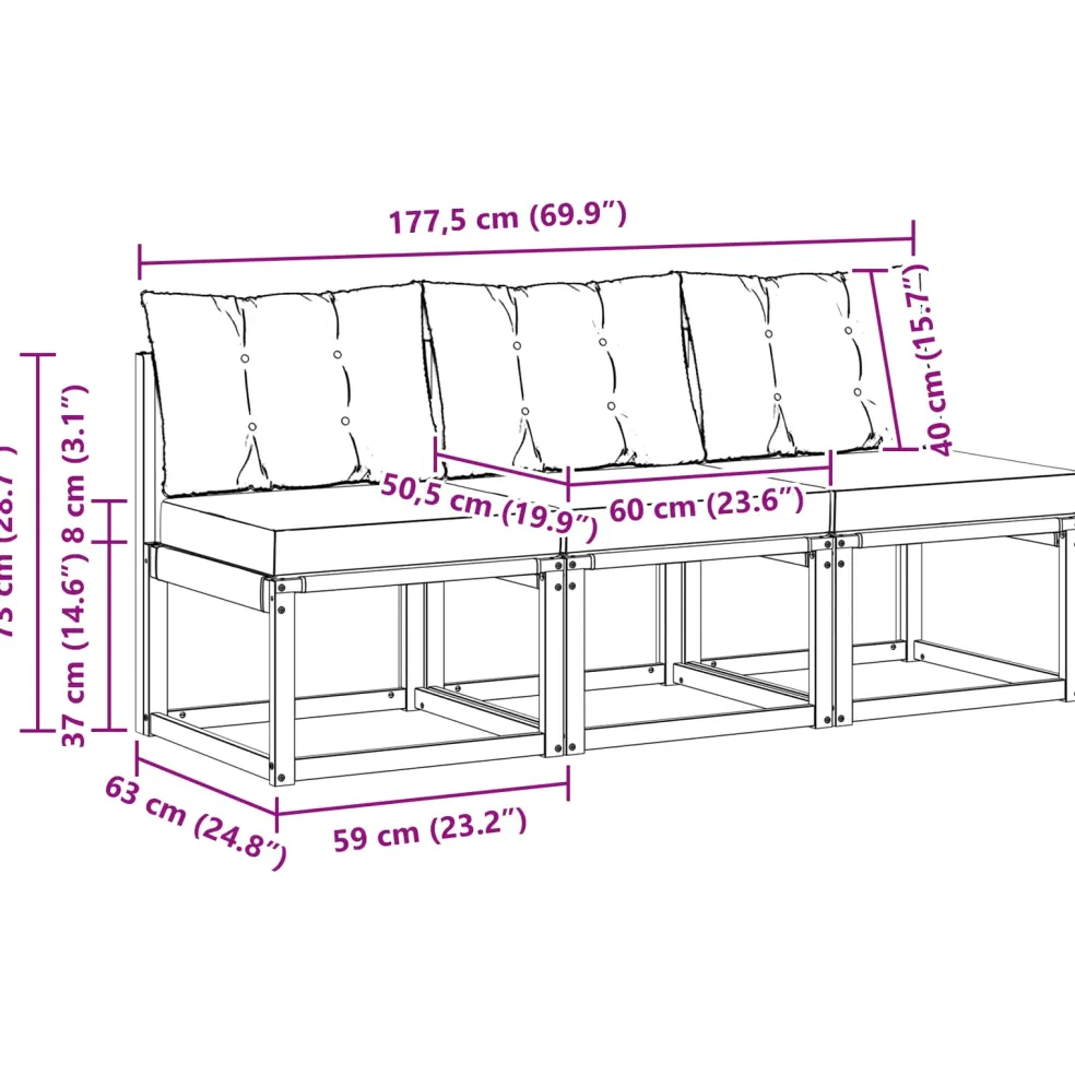 vidaXL 3 st Buitenzitmiddelsofa Massief acaciahout en Textilene Stof