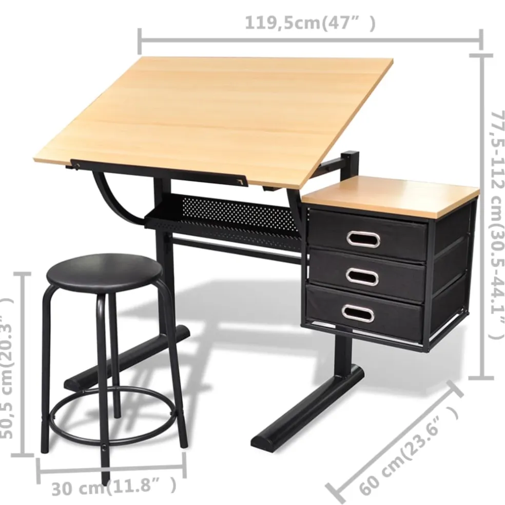 vidaXL Tekentafel met kastje + kruk