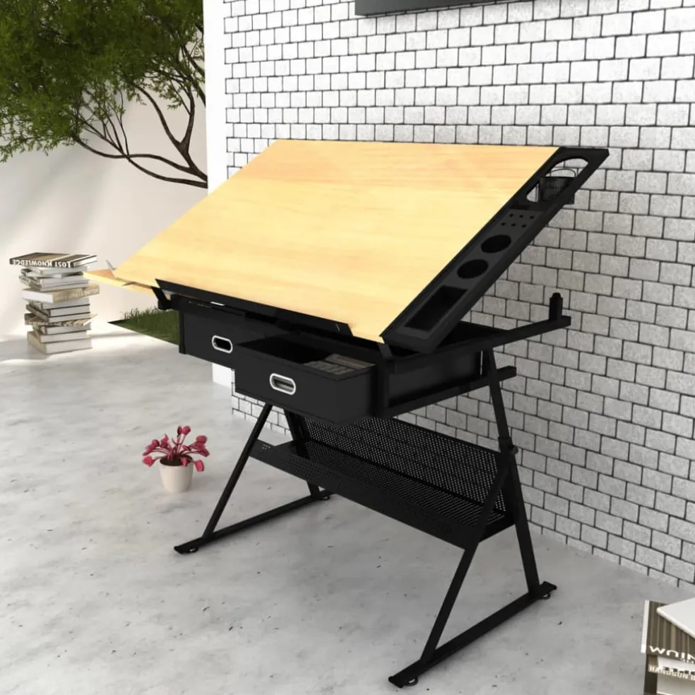 vidaXL Tekentafel met 2 lades en kruk