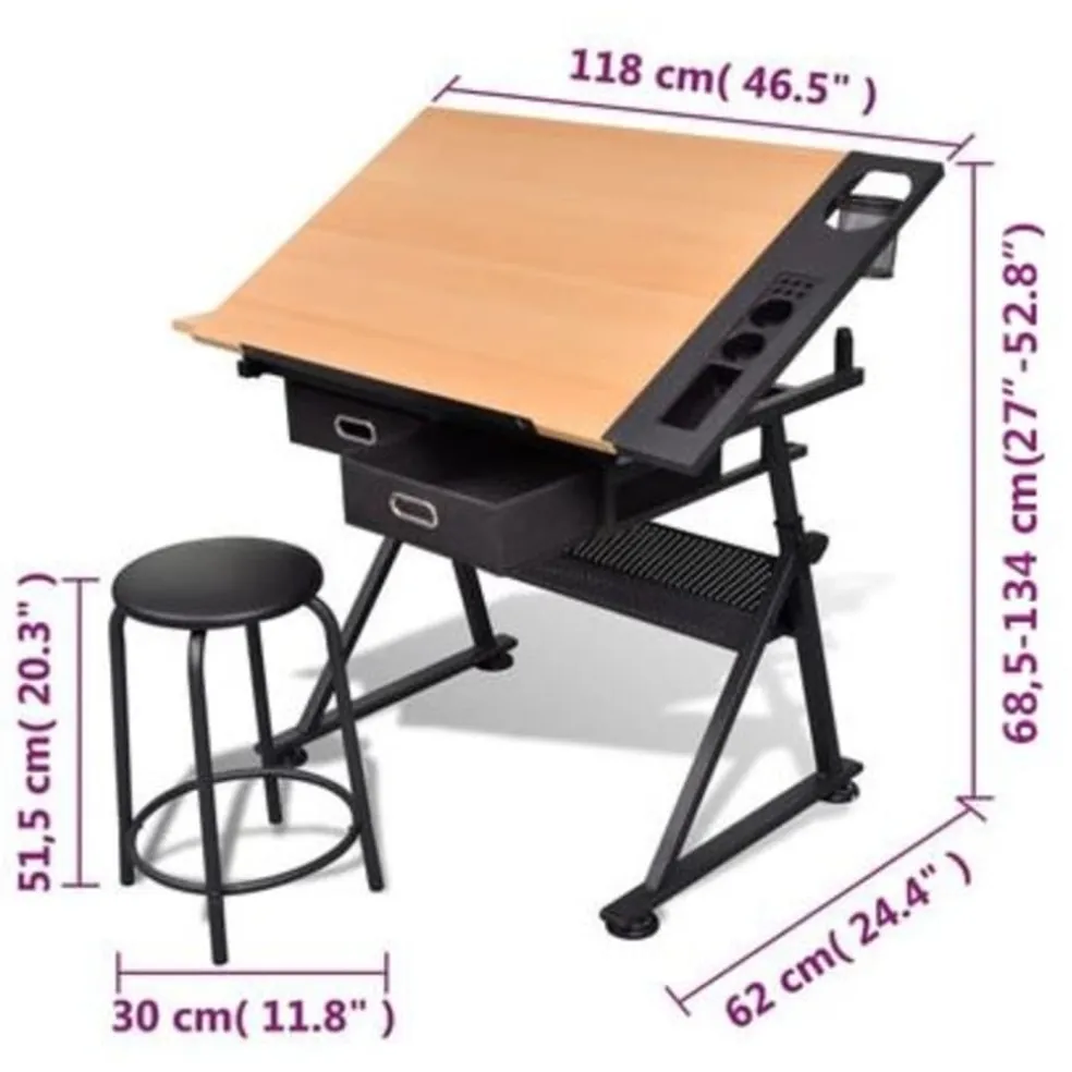 vidaXL Tekentafel met 2 lades en kruk