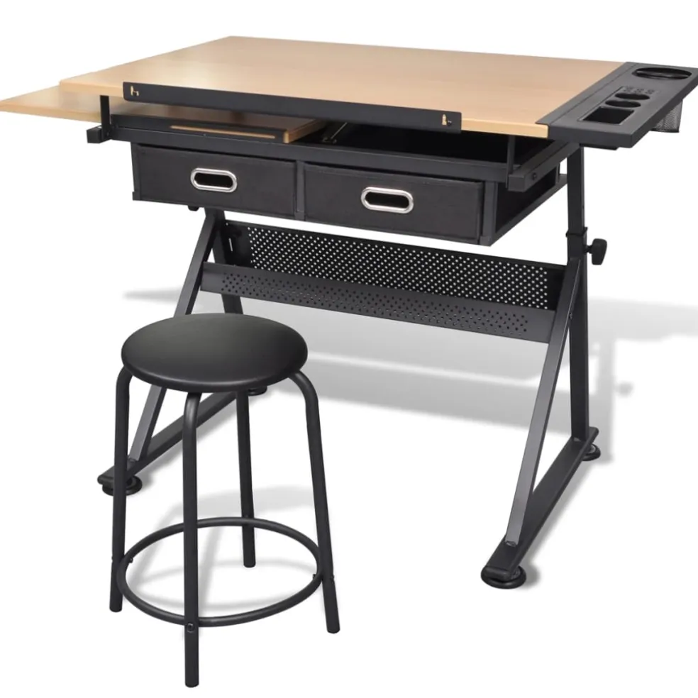 vidaXL Tekentafel met 2 lades en kruk
