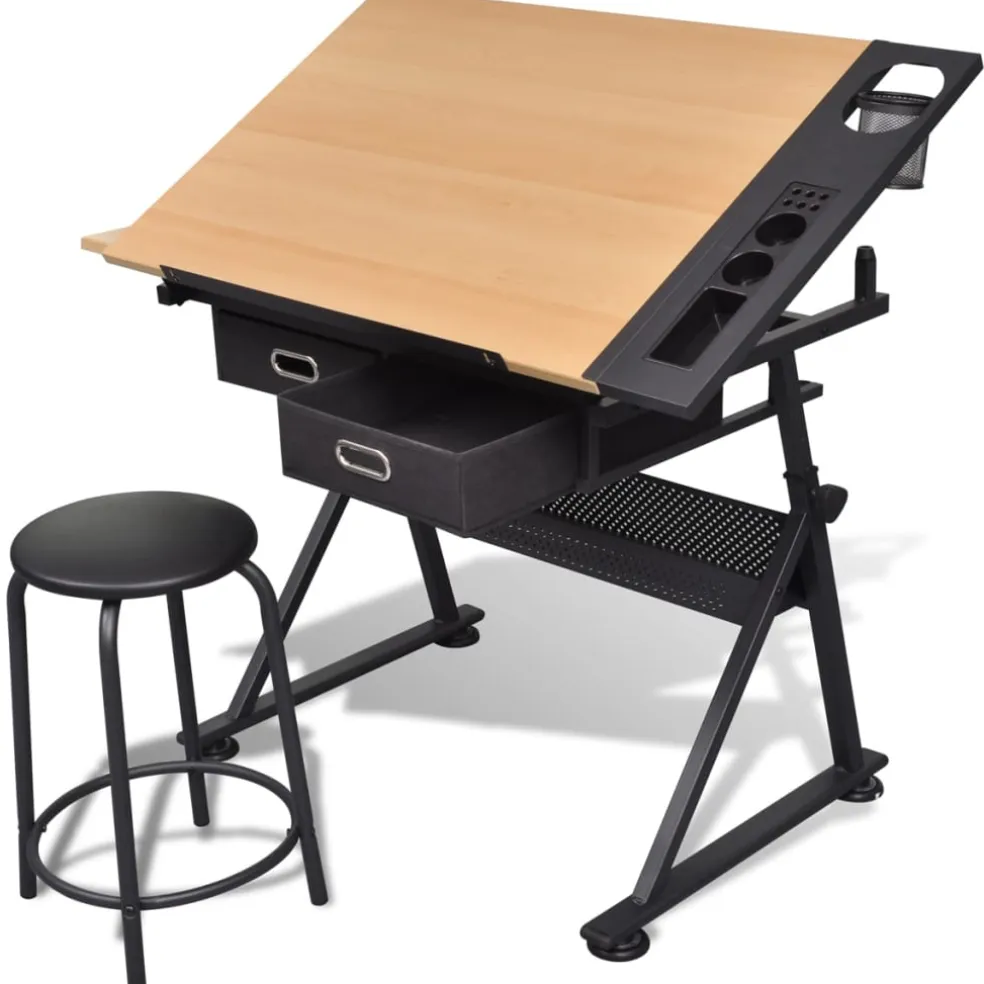 vidaXL Tekentafel met 2 lades en kruk