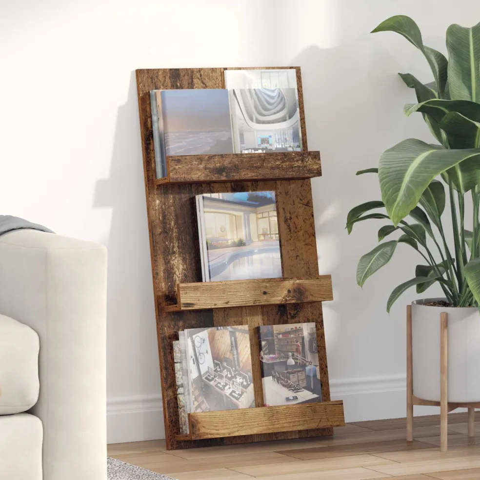 vidaXL Tijdschrift Rek met plank Oudhout 51 x 11 x 102 cm Bewerkt hout