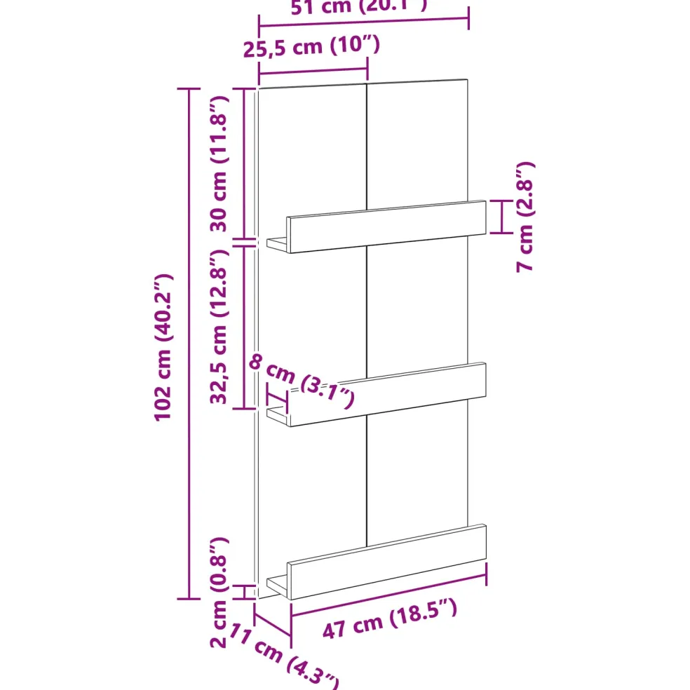 vidaXL Tijdschrift Rek met plank Oudhout 51 x 11 x 102 cm Bewerkt hout