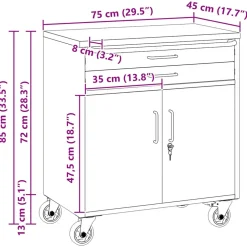 vidaXL Trolley Rolling Workbench Rood en Grijs 75 x 45 x 85 cm