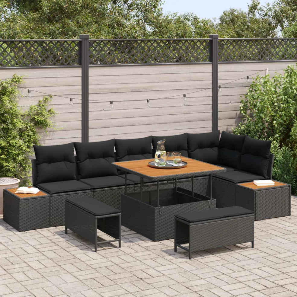 vidaXL Tuinbankenset 9 st 8-Aantal zitplaatsen Zwart Poly riet