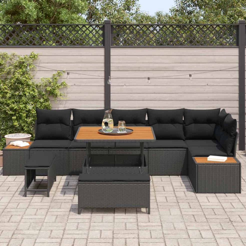 vidaXL Tuinbankenset 9 st 8-Aantal zitplaatsen Zwart Poly riet