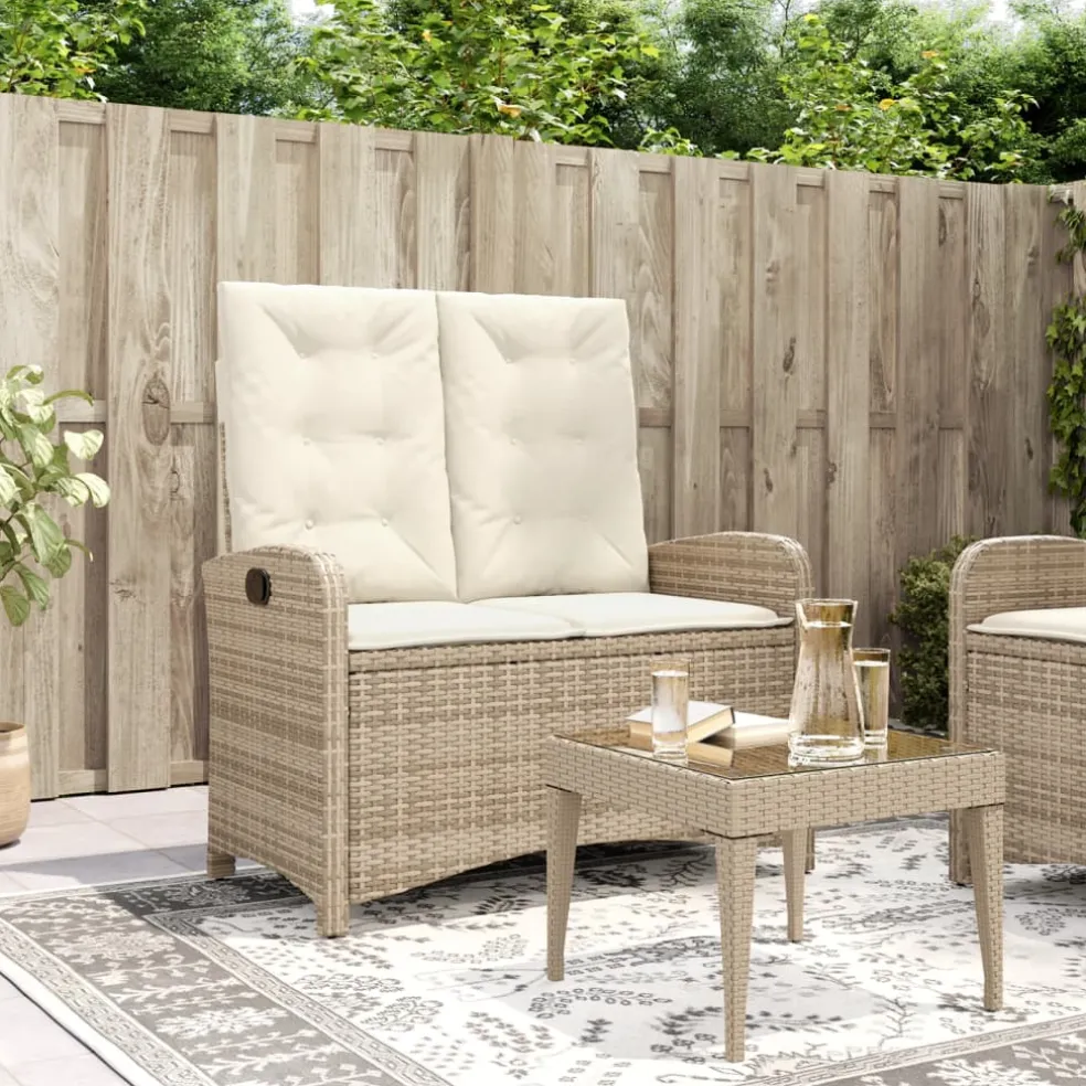 vidaXL Tuinbankje verstelbaar met kussens poly rattan beige