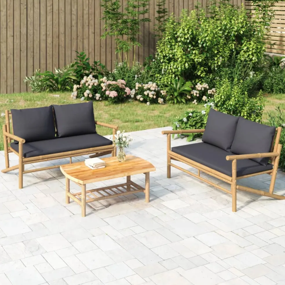 vidaXL Tuinbank met donkergrijze kussens bamboe