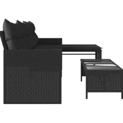 vidaXL Tuinbank met tafel en kussens L-vormig poly rattan zwart