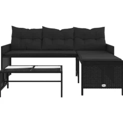vidaXL Tuinbank met tafel en kussens L-vormig poly rattan zwart