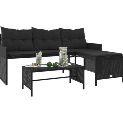 vidaXL Tuinbank met tafel en kussens L-vormig poly rattan zwart