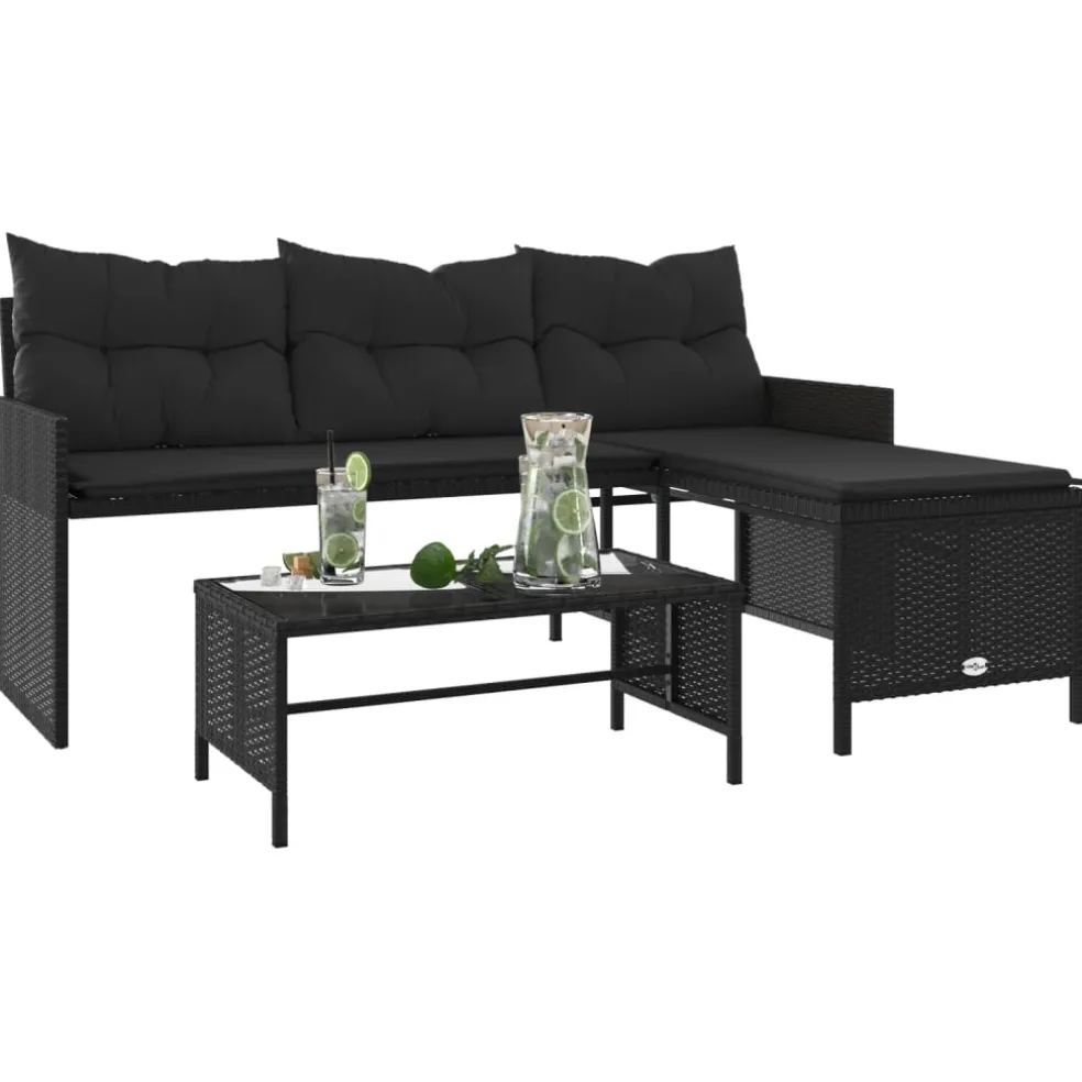 vidaXL Tuinbank met tafel en kussens L-vormig poly rattan zwart