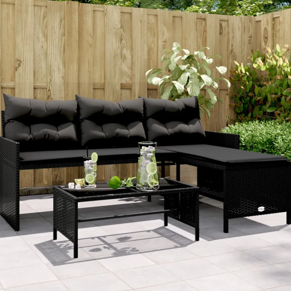 vidaXL Tuinbank met tafel en kussens L-vormig poly rattan zwart
