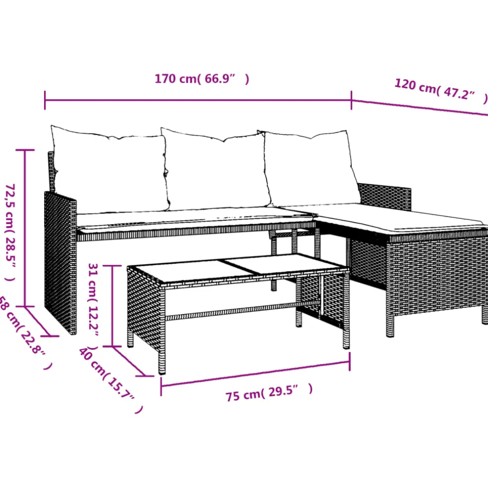 vidaXL Tuinbank met tafel en kussens L-vormig poly rattan zwart