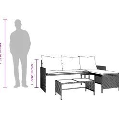 vidaXL Tuinbank met tafel en kussens L-vormig poly rattan zwart