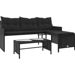 vidaXL Tuinbank met tafel en kussens L-vormig poly rattan zwart