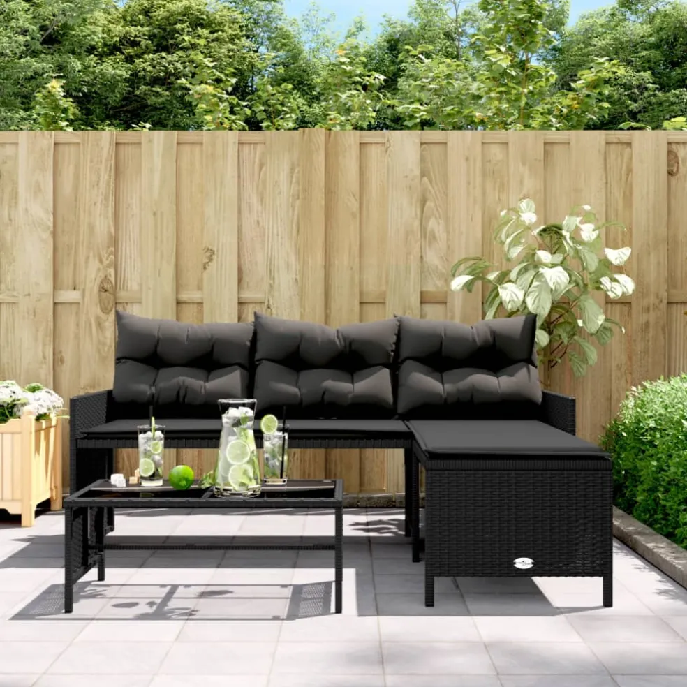 vidaXL Tuinbank met tafel en kussens L-vormig poly rattan zwart