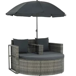 vidaXL Tuinbank 2-zits met kussens en parasol poly rattan grijs