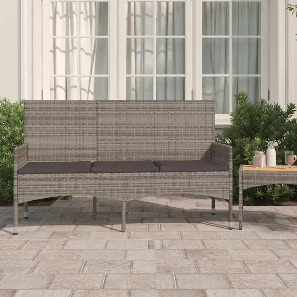 vidaXL Tuinbank 3-zits met kussens poly rattan grijs