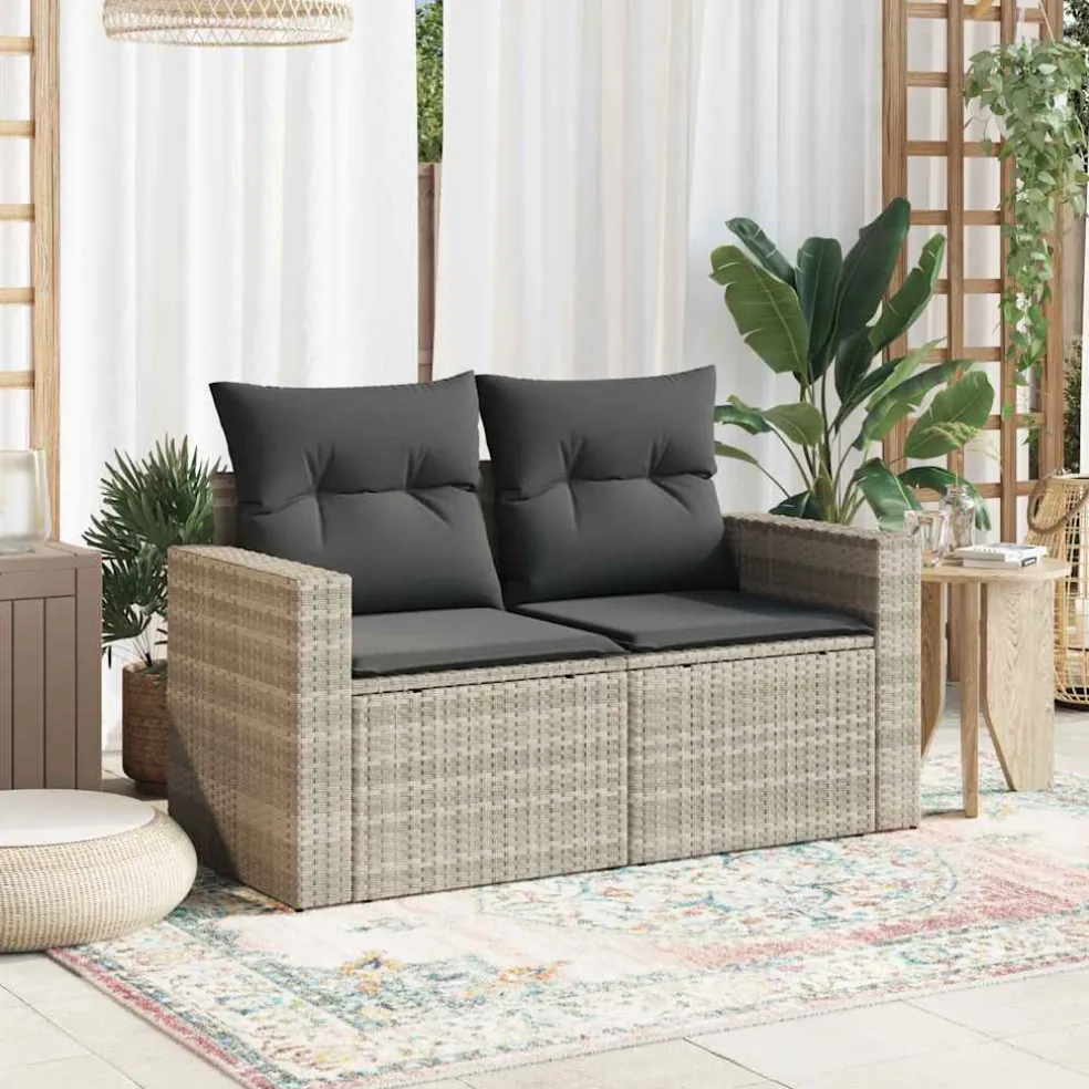 vidaXL Tuinbank 2-zits met kussens poly rattan lichtgrijs