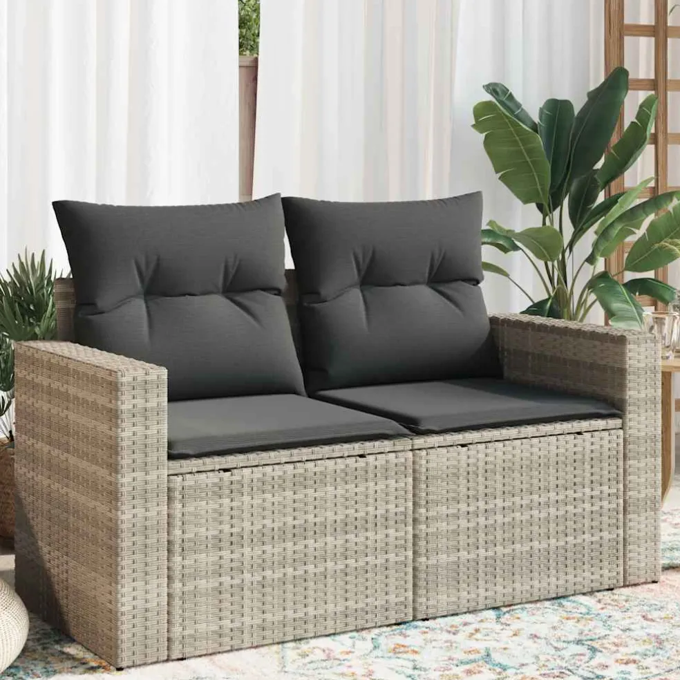 vidaXL Tuinbank 2-zits met kussens poly rattan lichtgrijs