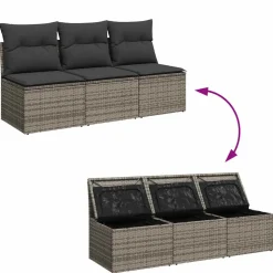 vidaXL Tuinbank 3-zits met kussens poly rattan grijs