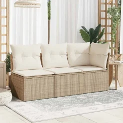 vidaXL Tuinbank 3-zits met kussens poly rattan beige
